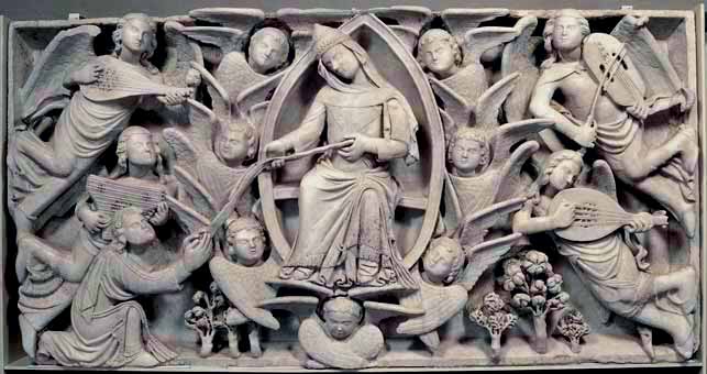 Assunta che dà la Cintola a san Tommaso, e angeli musicanti (1358-60)