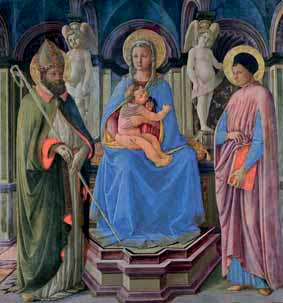 MAESTRO DELLA NATIVITÀ DI CASTELLO (Firenze, XV secolo), Madonna col Bambino in trono tra i santi Giusto e Clemente (1449)